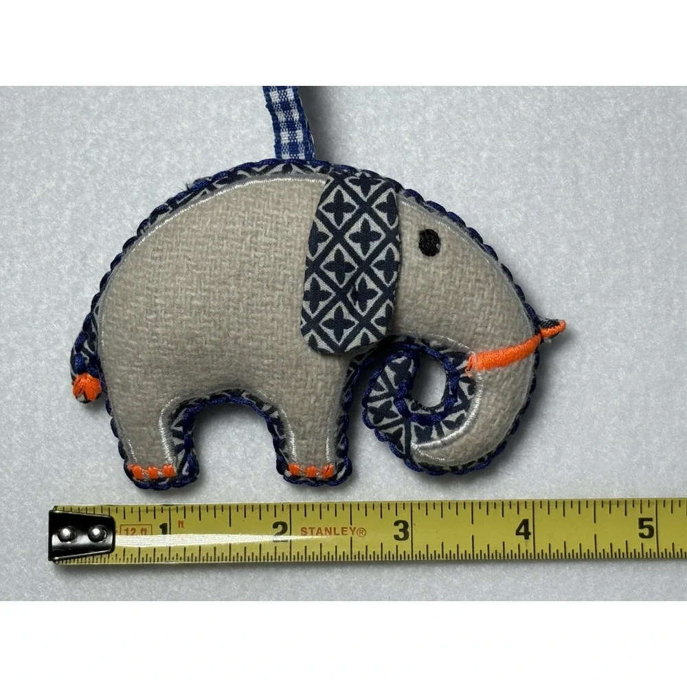NWT Crate & Barrel Calico Blue/White Elephant w/ Neon Accents Christmas Ornament